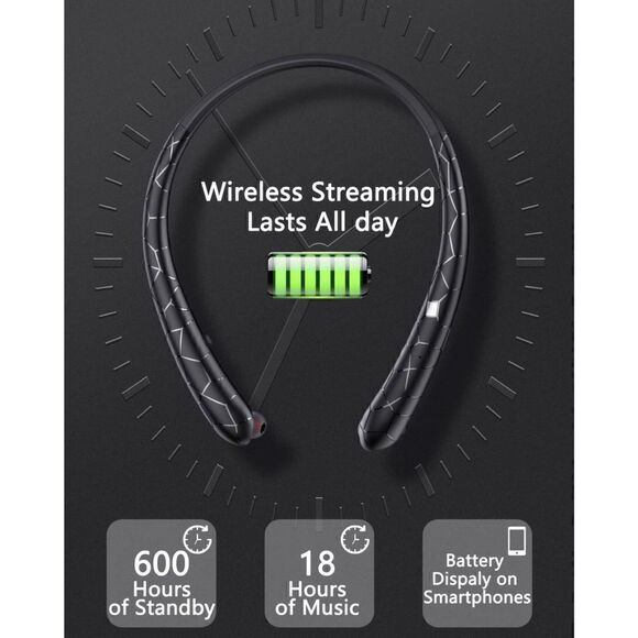 Neckband Bluetooth Headphones Stereo Earbuds, Black - Picture 3 of 7